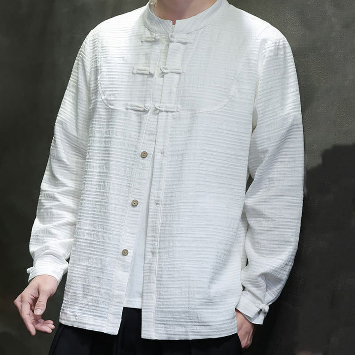 Traje de espiga de algodón y lino con botones de rana y color liso con Buddha Stones para hombre