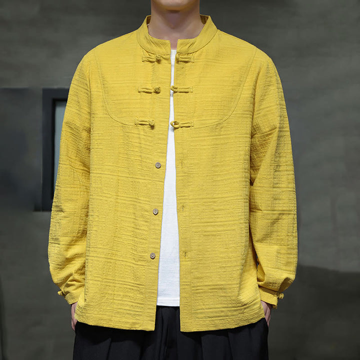 Traje de espiga de algodón y lino con botones de rana y color liso con Buddha Stones para hombre