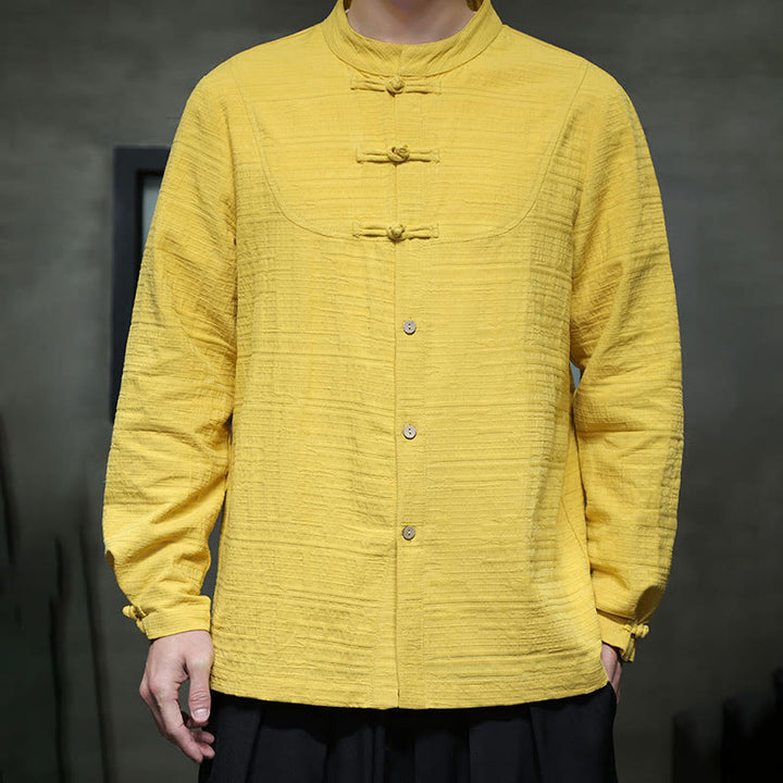 Traje de espiga de algodón y lino con botones de rana y color liso con Buddha Stones para hombre