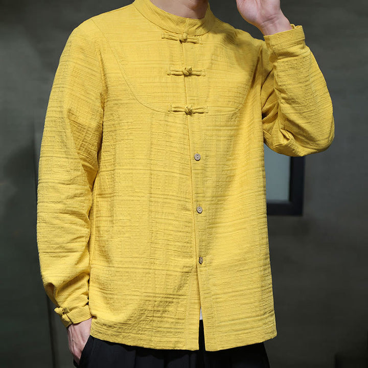 Traje de espiga de algodón y lino con botones de rana y color liso con Buddha Stones para hombre