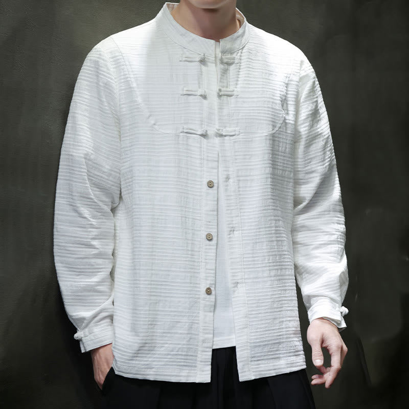 Traje de espiga de algodón y lino con botones de rana y color liso con Buddha Stones para hombre