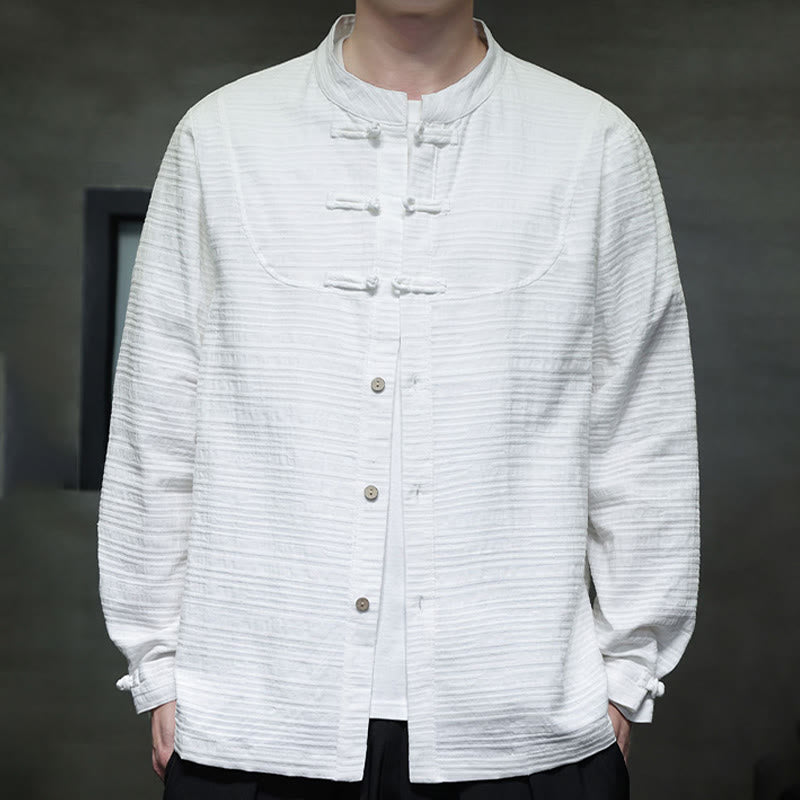 Traje de espiga de algodón y lino con botones de rana y color liso con Buddha Stones para hombre