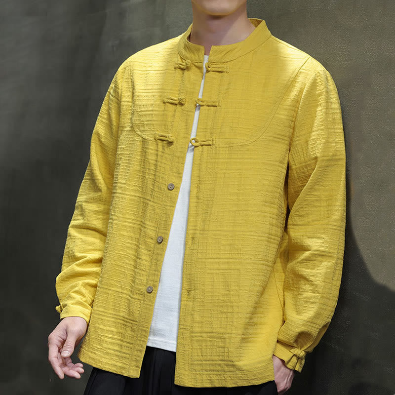 Traje de espiga de algodón y lino con botones de rana y color liso con Buddha Stones para hombre