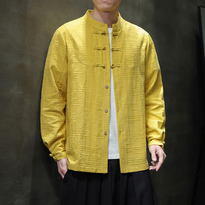 Traje de espiga de algodón y lino con botones de rana y color liso con Buddha Stones para hombre