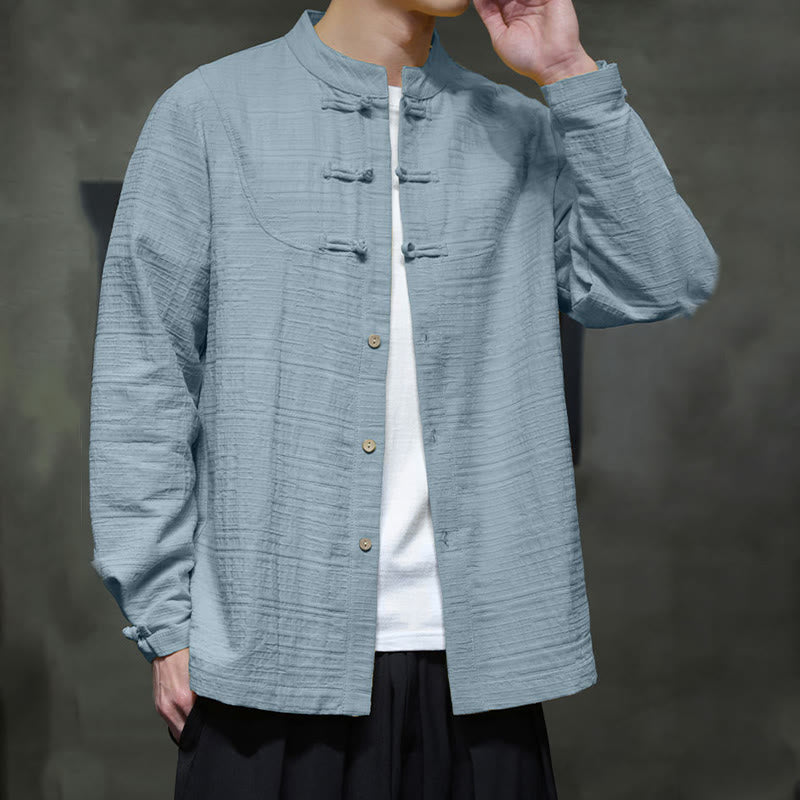 Traje de espiga de algodón y lino con botones de rana y color liso con Buddha Stones para hombre