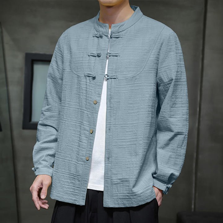 Traje de espiga de algodón y lino con botones de rana y color liso con Buddha Stones para hombre