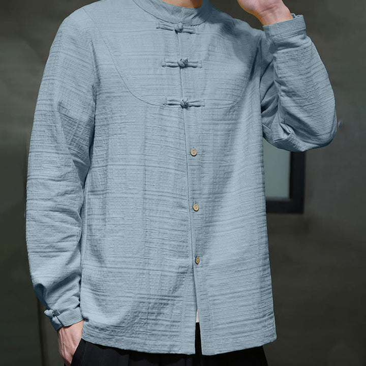 Traje de espiga de algodón y lino con botones de rana y color liso con Buddha Stones para hombre