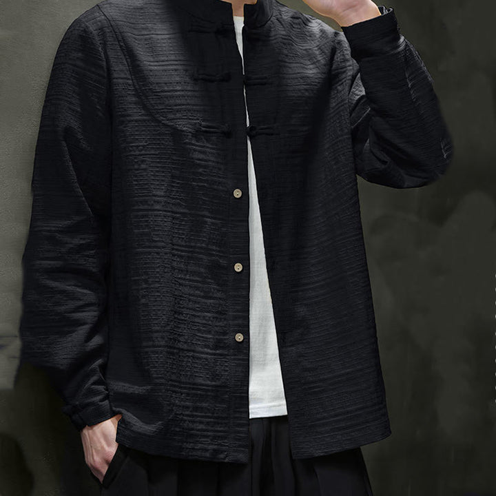 Traje de espiga de algodón y lino con botones de rana y color liso con Buddha Stones para hombre  - image 23