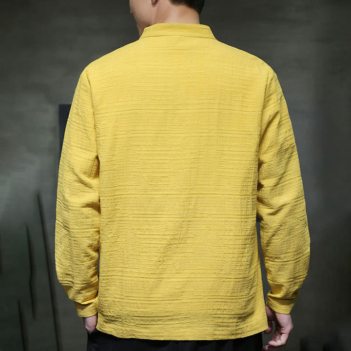 Traje de espiga de algodón y lino con botones de rana y color liso con Buddha Stones para hombre