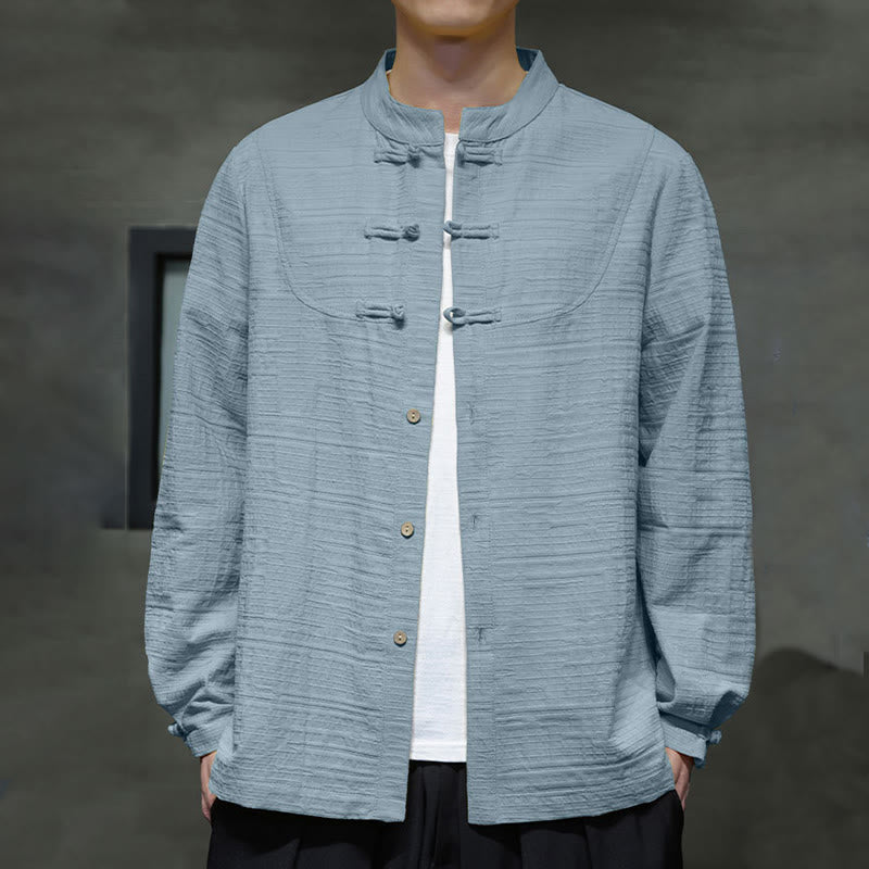 Traje de espiga de algodón y lino con botones de rana y color liso con Buddha Stones para hombre  - image 1