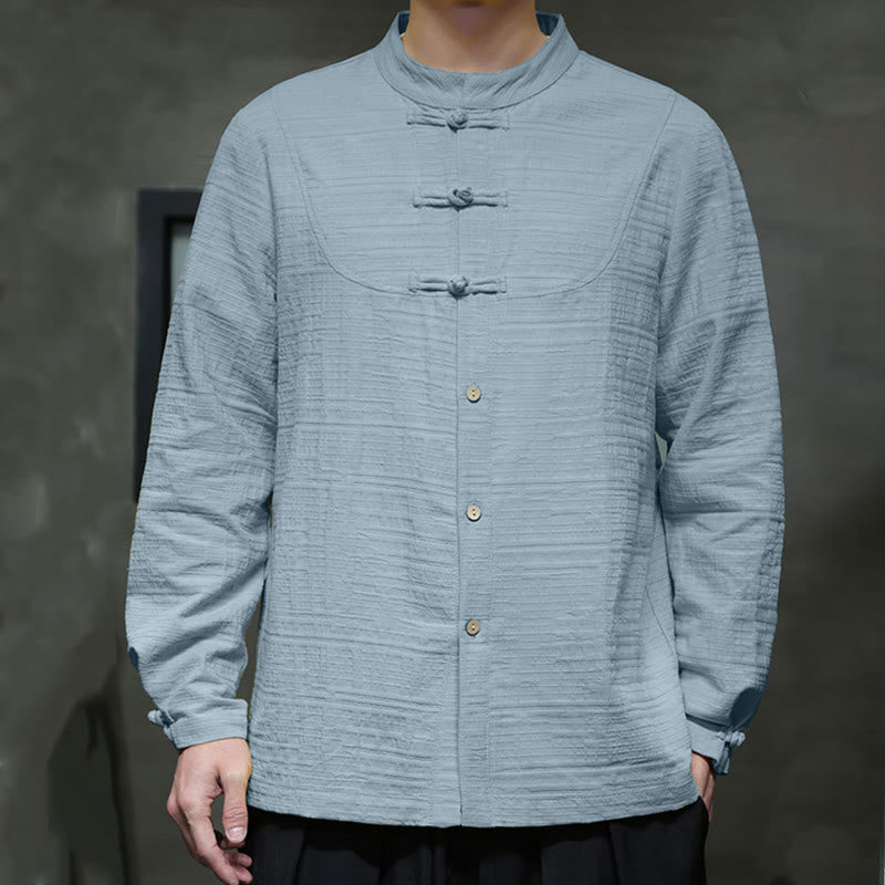 Traje de espiga de algodón y lino con botones de rana y color liso con Buddha Stones para hombre