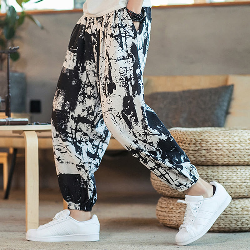 Pantalones harén de lino y algodón con cordón y bolsillos para hombre, con diseño de tinta blanca y negra y Buddha Stones - Negro - US/UK/AU46, EU56 (5XL) - image 0