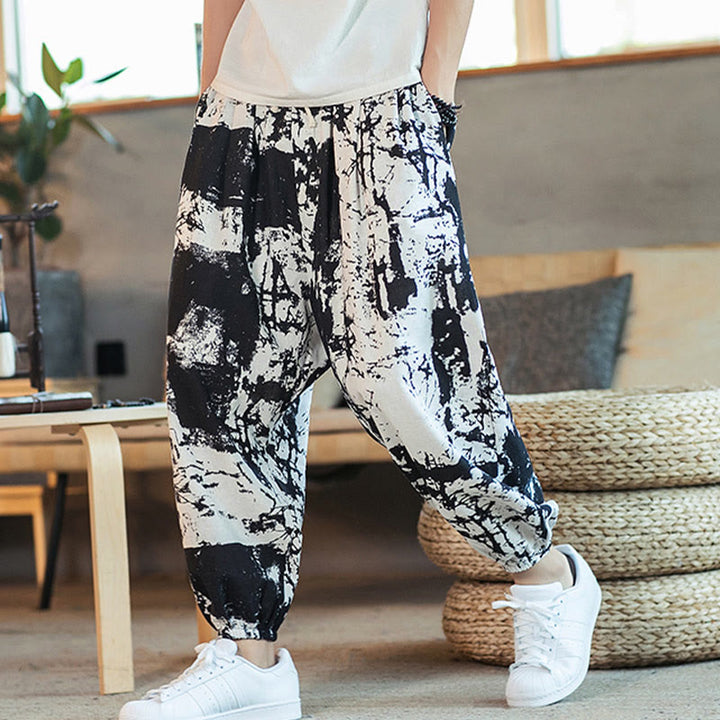 Pantalones harén de lino y algodón con cordón y bolsillos para hombre, con diseño de tinta blanca y negra y Buddha Stones - image 2