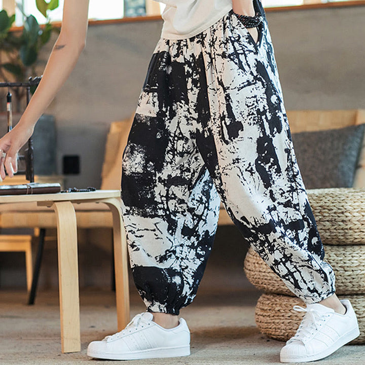 Pantalones harén de lino y algodón con cordón y bolsillos para hombre, con diseño de tinta blanca y negra y Buddha Stones - image 1