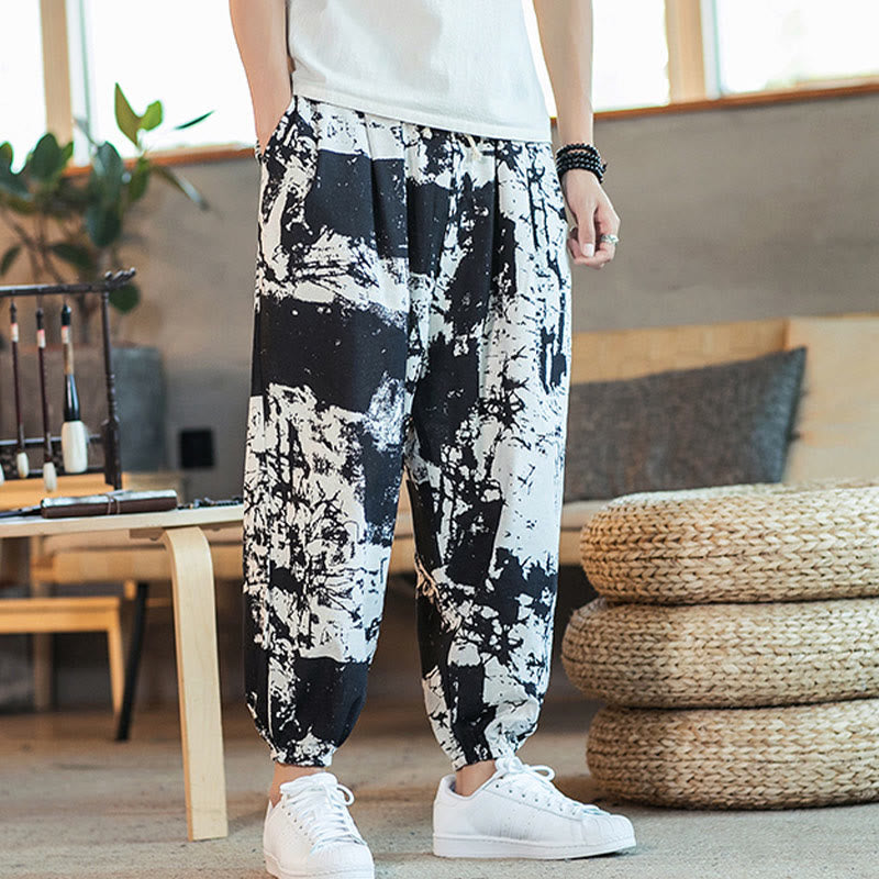 Pantalones harén de lino y algodón con cordón y bolsillos para hombre, con diseño de tinta blanca y negra y Buddha Stones - image 5