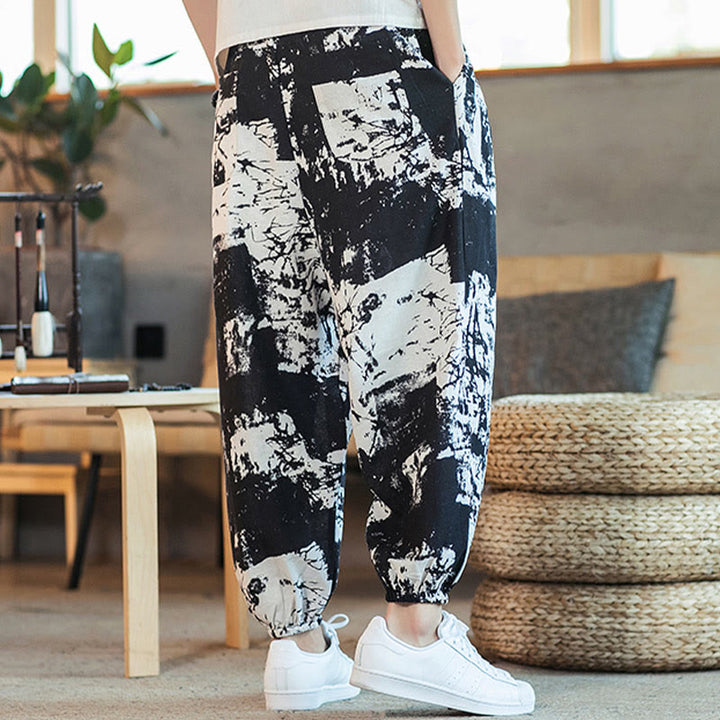 Pantalones harén de lino y algodón con cordón y bolsillos para hombre, con diseño de tinta blanca y negra y Buddha Stones - image 4