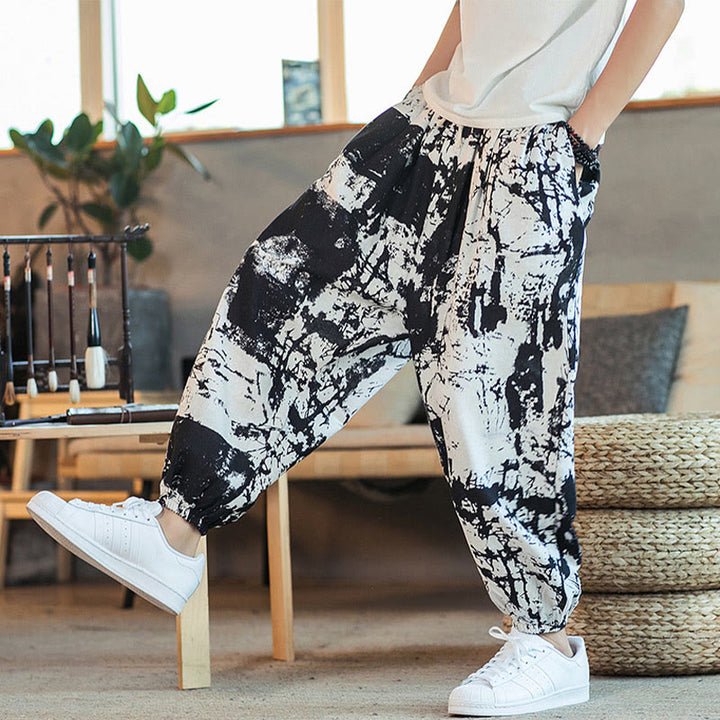 Pantalones harén de lino y algodón con cordón y bolsillos para hombre, con diseño de tinta blanca y negra y Buddha Stones - image 3