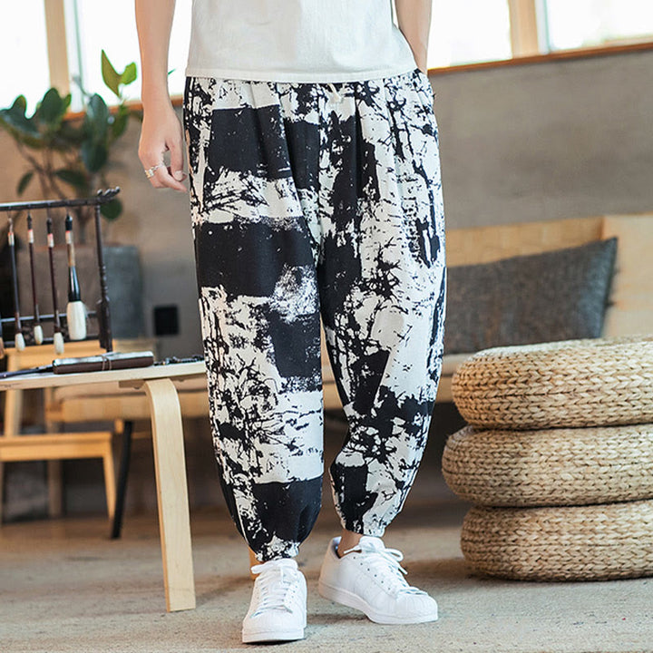 Pantalones harén de lino y algodón con cordón y bolsillos para hombre, con diseño de tinta blanca y negra y Buddha Stones - image 7