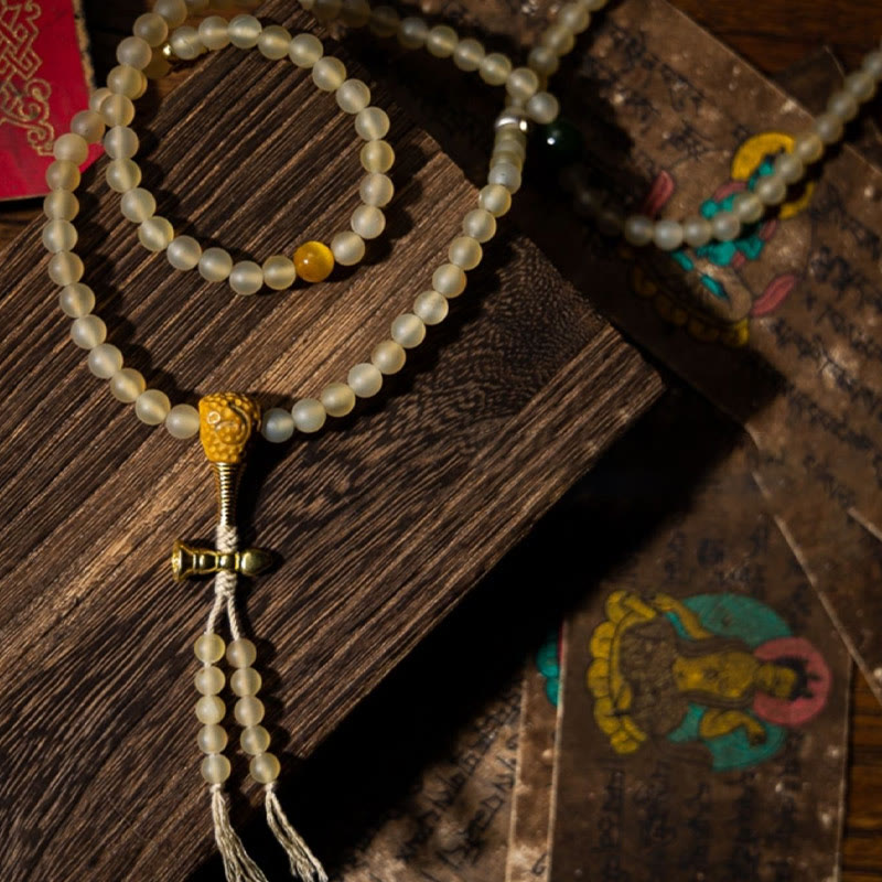 Pulsera de riqueza de cuerno de oveja natural de Buda del Buddha Stones con 108 cuentas de Mala del zodíaco chino