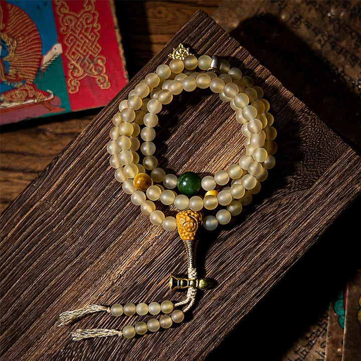 Pulsera de riqueza de cuerno de oveja natural de Buda del Buddha Stones con 108 cuentas de Mala del zodíaco chino