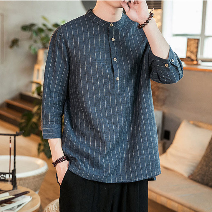 Camisa de lino para hombre con mangas tres cuartos y rayas con botones y medio estampado Buddha Stones - image 1