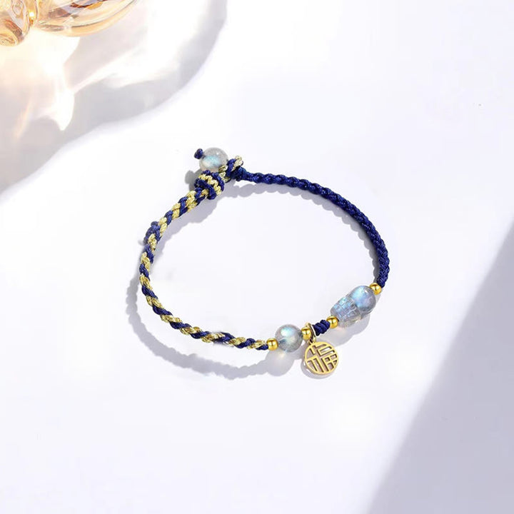 Pulsera de cuerda curativa para pareja con personajes Fu y Buddha Stones lunar PiXiu y ojo de tigre azul