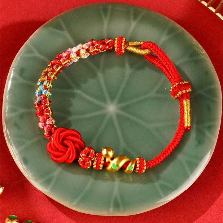 Pulsera trenzada con nudo de mandala de hilo rojo y Buddha Stones tejida a mano con flores de colores para proteger el año de la serpiente