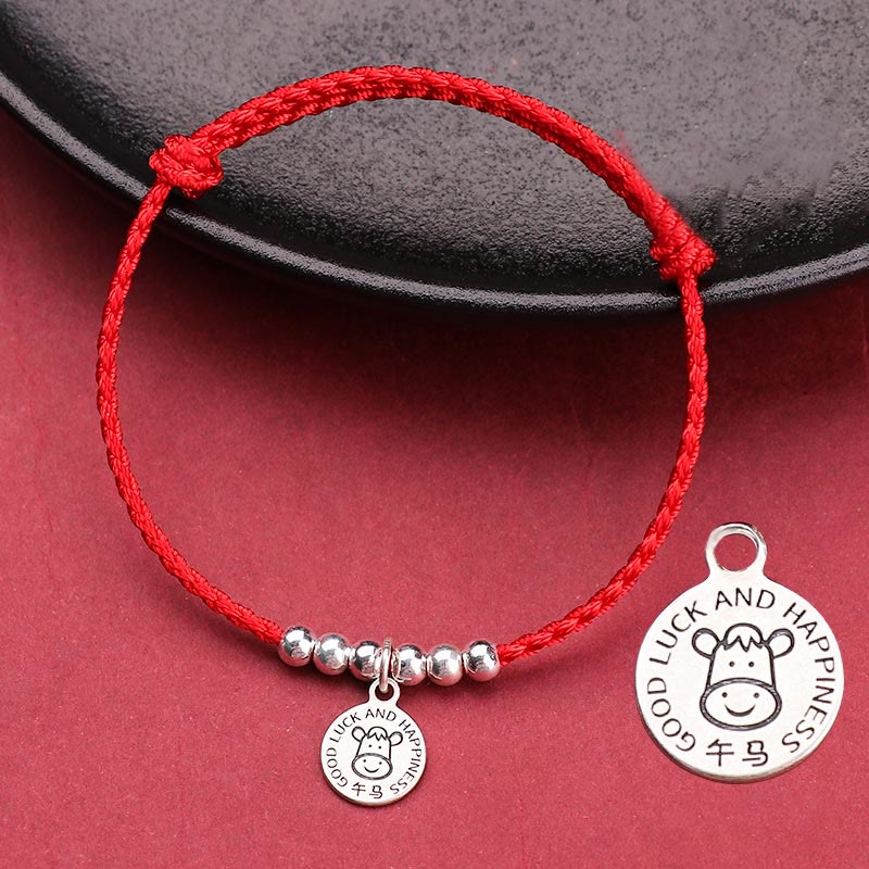 Pulsera protectora de plata de ley 999 con hilo rojo y Buddha Stones del zodíaco chino para niños