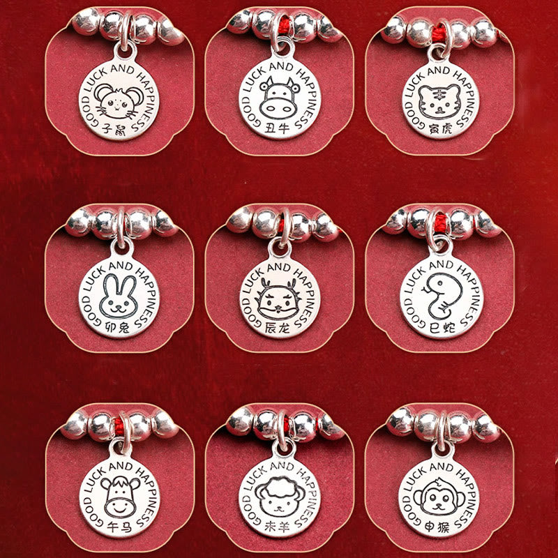Pulsera protectora de plata de ley 999 con hilo rojo y Buddha Stones del zodíaco chino para niños