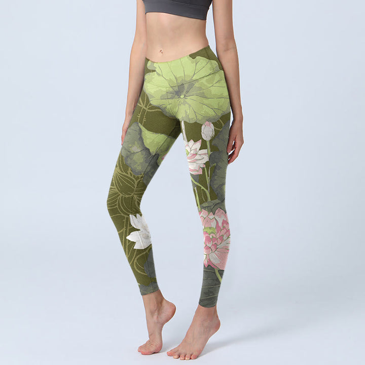 Leggings deportivos con estampado de loto y Buddha Stones para mujer - Verde oliva - US18，UK/AU22，EU50 (4XL) - image 0