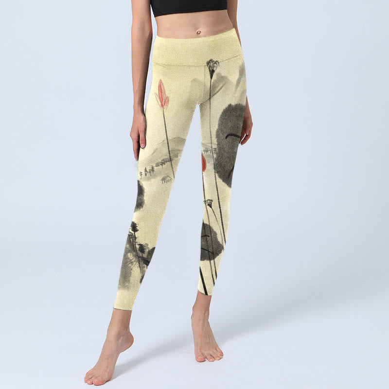 Leggings de yoga para mujer con estampado de casas, montañas y Buddha Stones - image 5