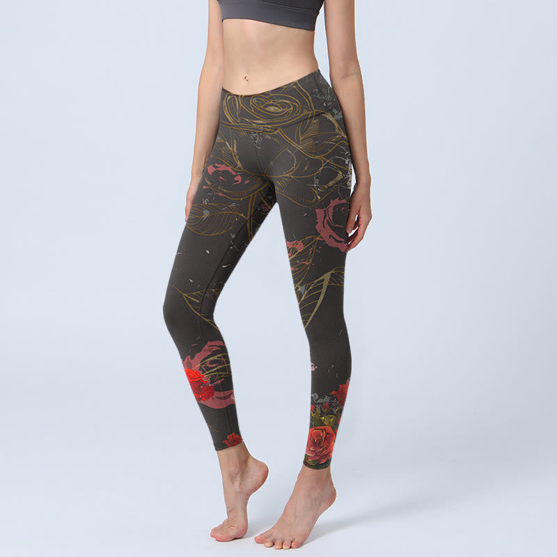 Leggings de yoga para mujer con estampado de rosas rojas y Buddha Stones - Negro - US18，UK/AU22，EU50 (4XL) - image 1