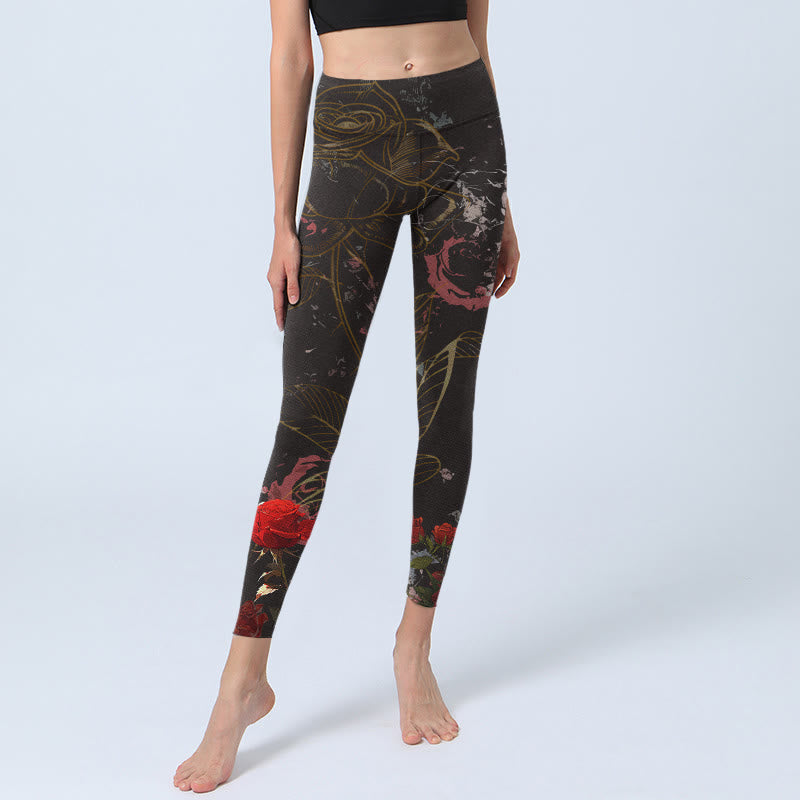Leggings de yoga para mujer con estampado de rosas rojas y Buddha Stones - image 5