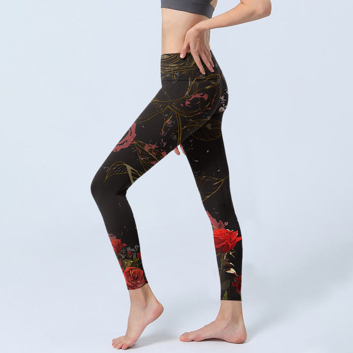 Leggings de yoga para mujer con estampado de rosas rojas y Buddha Stones - image 3