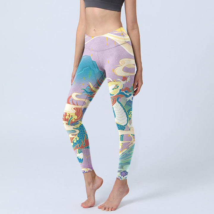 Leggings de yoga para mujer con estampado de nubes auspiciosas, dragón morado y Buddha Stones - Ciruela - US18，UK/AU22，EU50 (4XL) - image 1