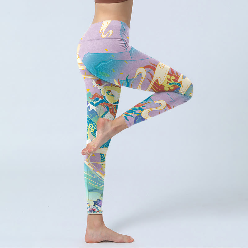 Leggings de yoga para mujer con estampado de nubes auspiciosas, dragón morado y Buddha Stones - image 4