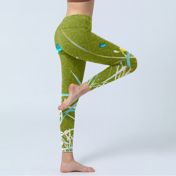 Leggings de yoga para mujer con estampado de flores de orquídeas y mariposas verdes y Buddha Stones - image 4