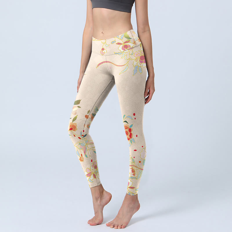 Leggings de yoga para mujer con estampado de flores, peonías, hojas, mariposas y albaricoques y Buddha Stones - Blanco floral - US18，UK/AU22，EU50 (4XL) - image 0