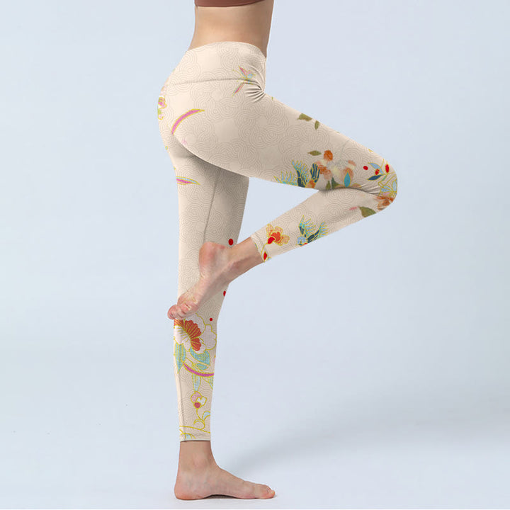Leggings de yoga para mujer con estampado de flores, peonías, hojas, mariposas y albaricoques y Buddha Stones - image 4
