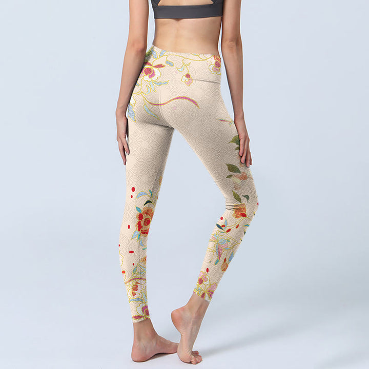 Leggings de yoga para mujer con estampado de flores, peonías, hojas, mariposas y albaricoques y Buddha Stones - image 3