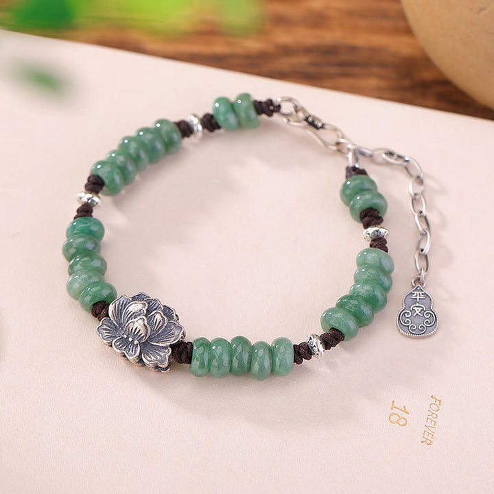 Pulsera de plata de ley 925 con Buddha Stones , jade natural, loto, suerte, paz y alegría
