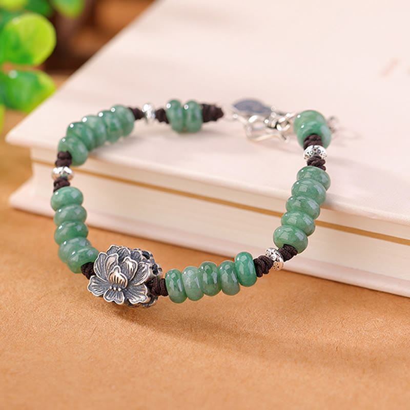 Pulsera de plata de ley 925 con Buddha Stones , jade natural, loto, suerte, paz y alegría