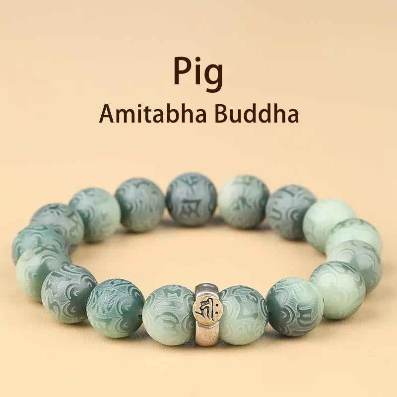 Pulsera de sabiduría grabada con Buddha Stones, zodíaco chino, Buda natal, semilla Bodhi, Om Mani Padme Hum