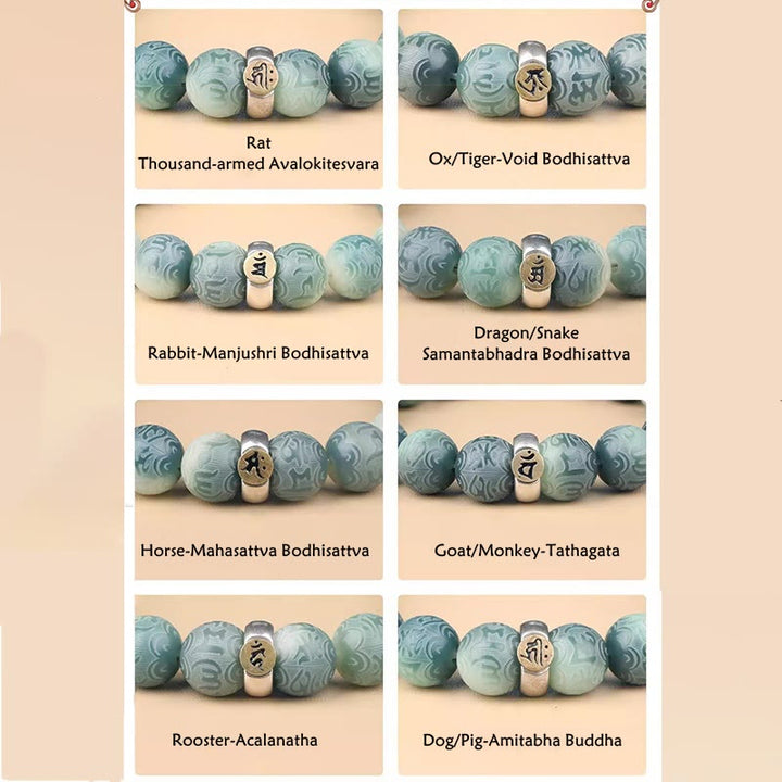 Pulsera de sabiduría grabada con Buddha Stones, zodíaco chino, Buda natal, semilla Bodhi, Om Mani Padme Hum