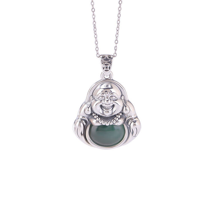 Collar con colgante de cadena de loto de jade cian con forma de Buddha Stones sonriente en plata de ley 999 - image 7