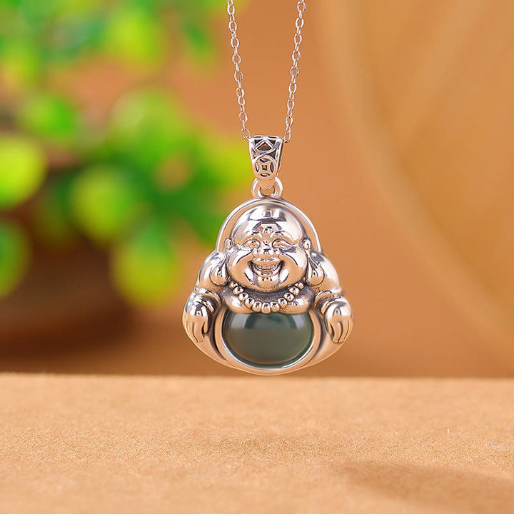 Collar con colgante de cadena de loto de jade cian con forma de Buddha Stones sonriente en plata de ley 999 - image 2
