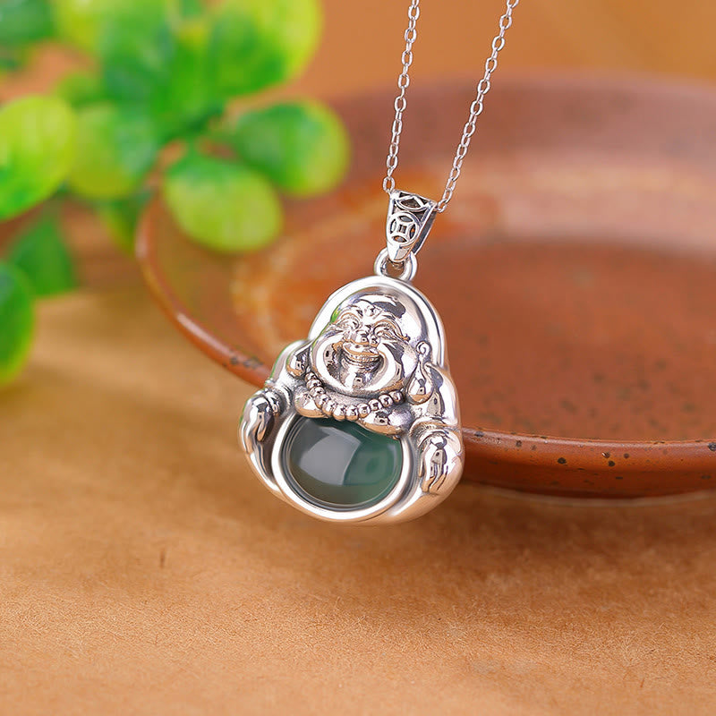 Collar con colgante de cadena de loto de jade cian con forma de Buddha Stones sonriente en plata de ley 999 - Jade Cian (Éxito ♥Curación) - image 1