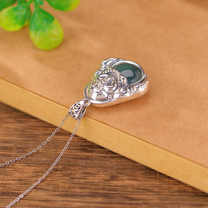 Collar con colgante de cadena de loto de jade cian con forma de Buddha Stones sonriente en plata de ley 999 - image 3