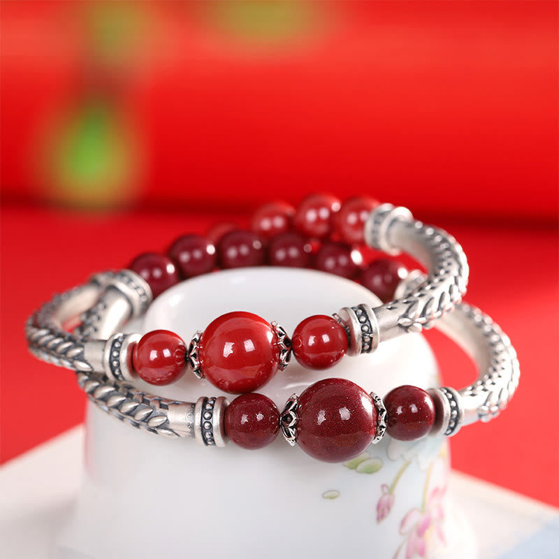 Pulsera de plata de ley 999 con Buddha Stones y espigas de trigo y cinabrio