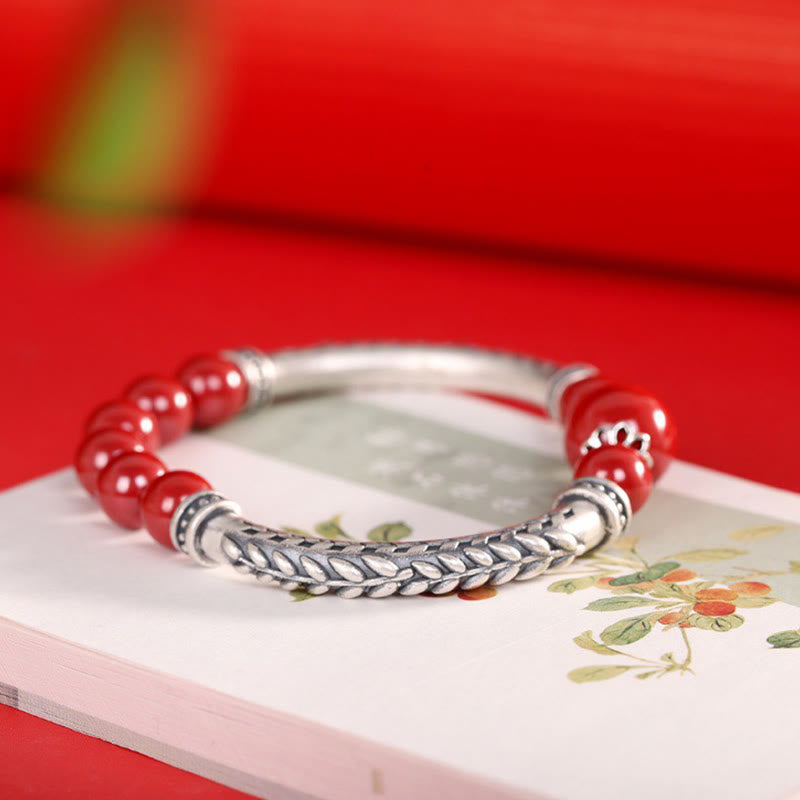 Pulsera de plata de ley 999 con Buddha Stones y espigas de trigo y cinabrio